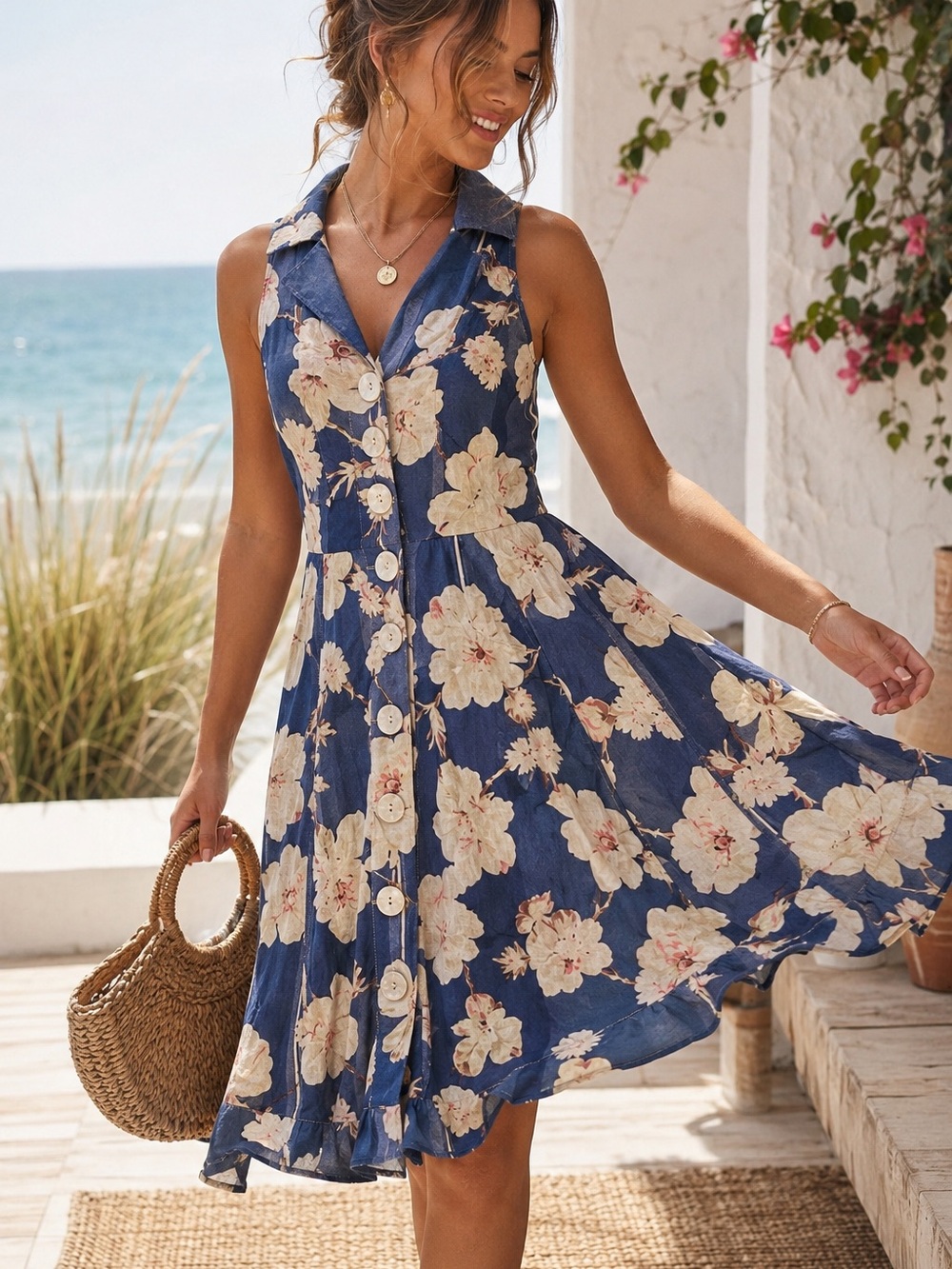 Anthropologie Petites 4P Blue Floral Button Front Fit & Flare Dress NWT
